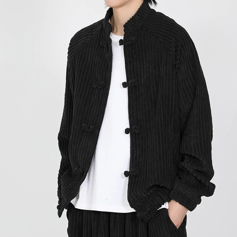 Buddha Stones Men's Chinese Plain Frog-Button Long Sleeve Cotton Corduroy Jacket With Pockets