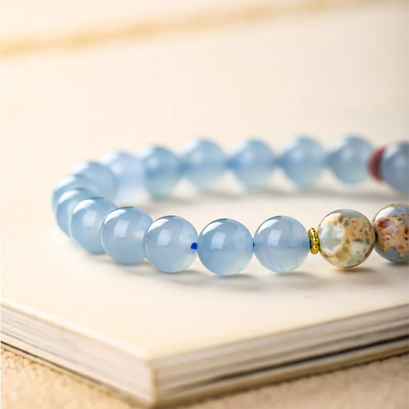 Buddha Stones Blue Chalcedony Fu Character Cat Paw Healing Bracelet