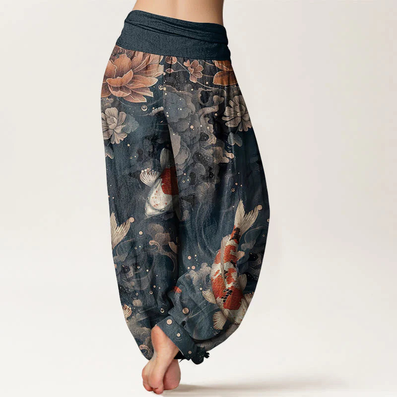Buddha Stones Cotton Colorful Koi Fish Lotus Flowers Design Women's Elastic Waist Harem Pants