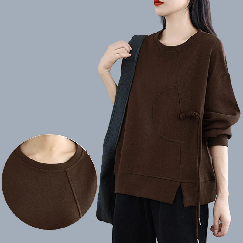 Buddha Stones Plain Frog-button Design Crew Neck Cotton Women's Long Sleeve Sweatshirt