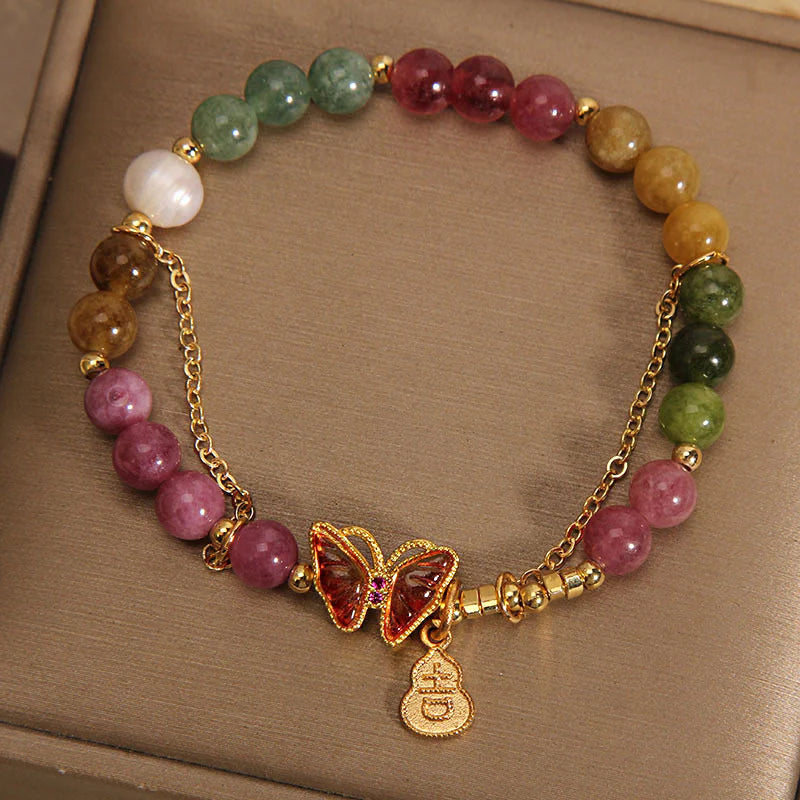 Buddha Stones Natural Colorful Tourmaline Butterfly Auspicious Character Gourd Charm Positive Bracelet (Extra 35% Off | USE CODE: FS35)