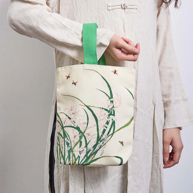 Buddha Stones Orchid Bee Canvas Handbag
