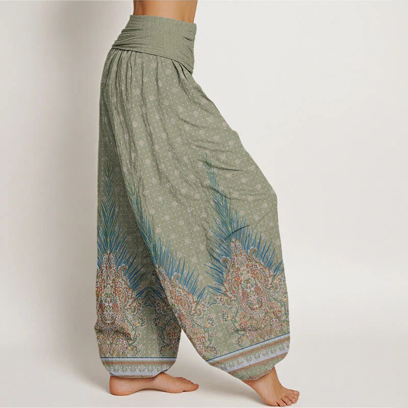 Buddha Stones Cotton Ethnic Peacock Floral Pattern Women's Elastic Waist Harem Pants