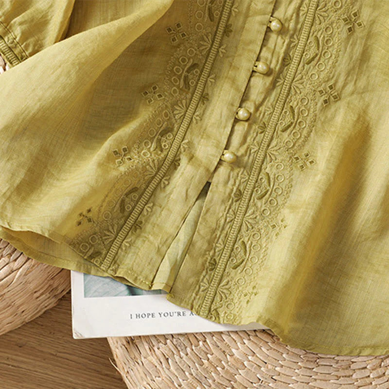 Buddha Stones Casual Embroidery Frog-Button Polyester Half Sleeve Women's V-neck Shirt