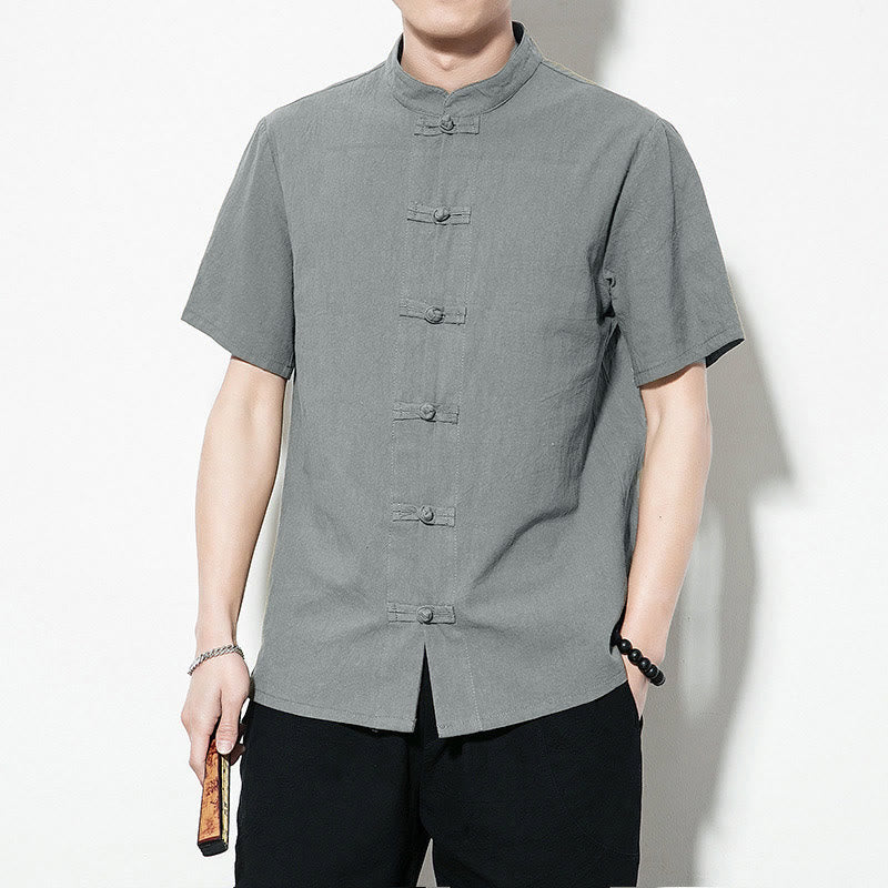Buddha Stones Casual Solid Color Front Frog Buttons Chinese Tang Suit Short Sleeve Linen Men's Shirt