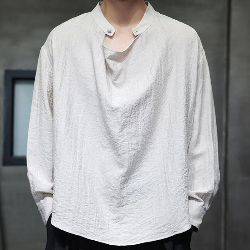 Buddha Stones Spring Solid Color Pleated Stand Collar Design Tang Suit Men's Long Sleeve Linen Shirt