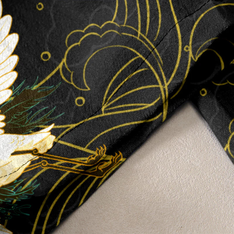 Buddha Stones Cotton Casual Cranes Flowers Auspicious Clouds Pattern Women's Elastic Waist Pants With Pockets