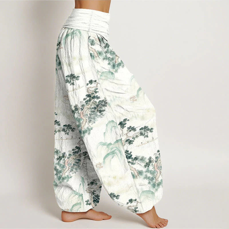 Buddha Stones Print Pine Trees Mountains Pattern Pure Cotton Women's Elastic Waist Harem Pants