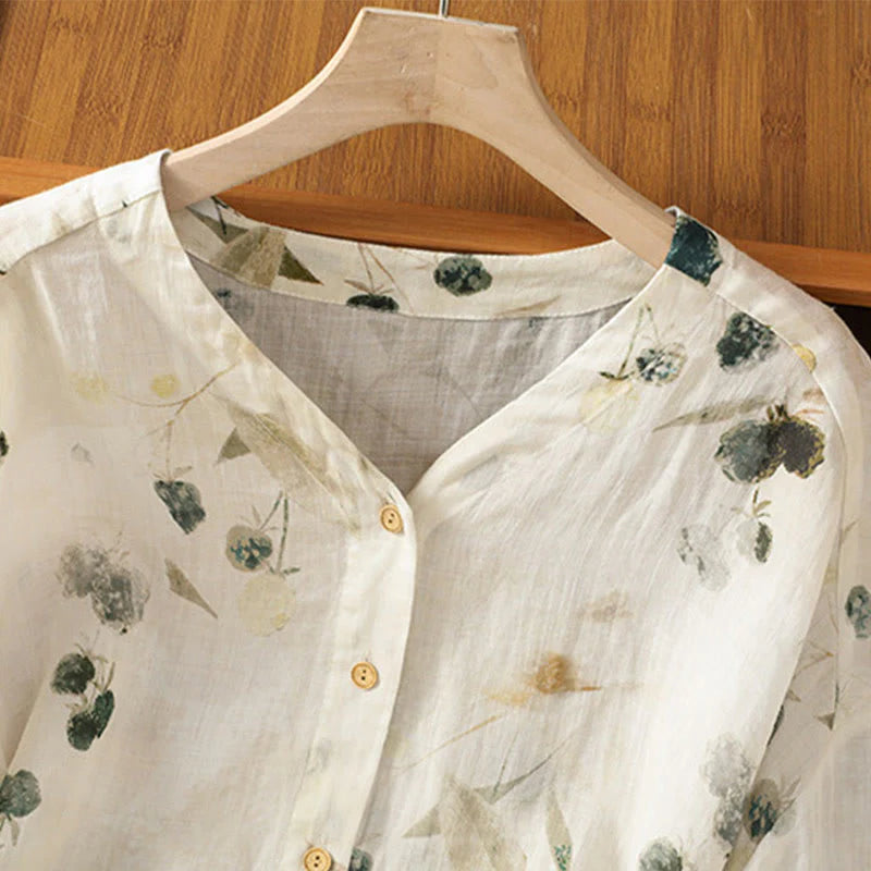 Buddha Stones Plant Printed V-neck Button Design Women's Polyester Three Quarter Sleeve Shirt Cardigan