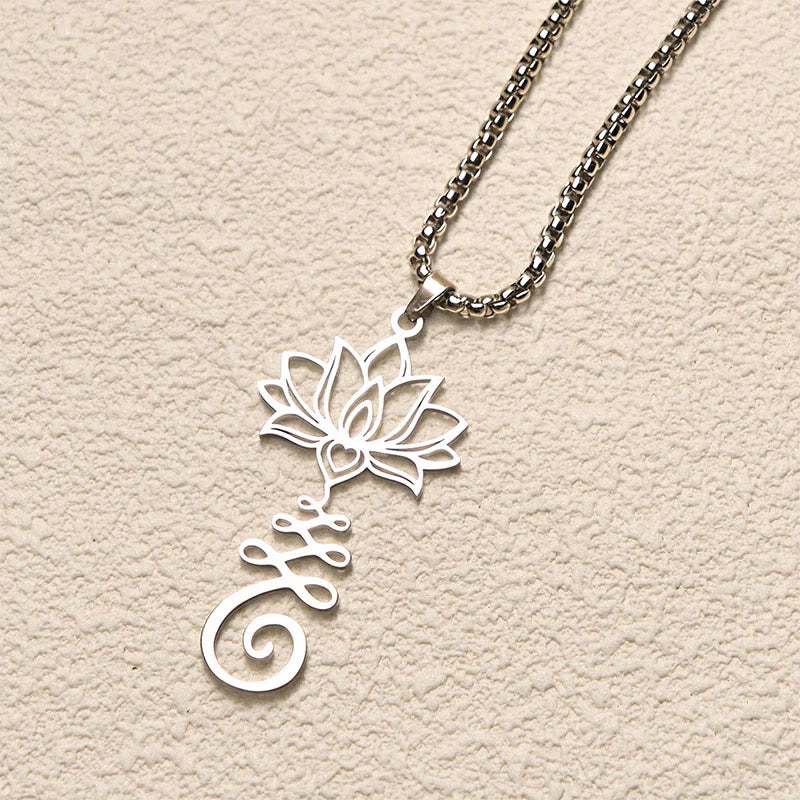 Buddha Stones Chakra Symbol Irregular Design Lotus Stainless Steel Enlightenment Necklace Pendant