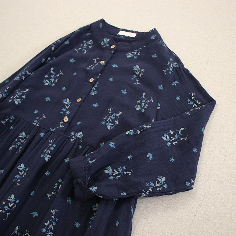 Buddha Stones Spring Small Floral Print Buttons Design Crew Neck Long Sleeve Midi Dress With Pockets