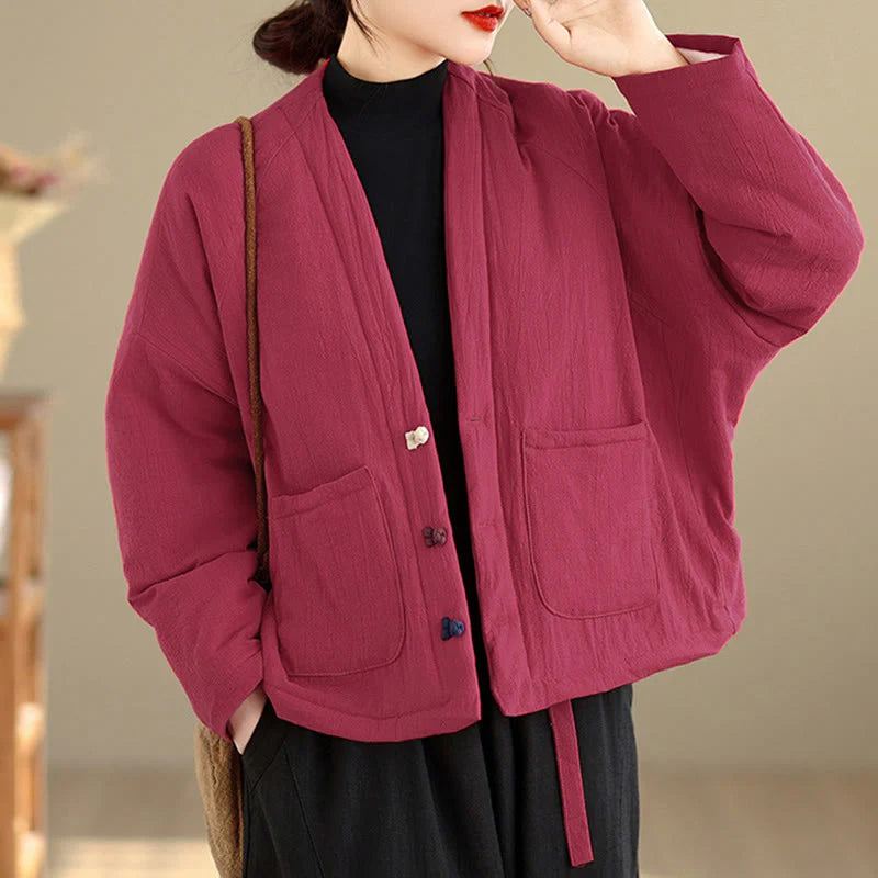 Buddha Stones Winter Long Sleeve Cotton Women's Thermal Jacket With Pockets