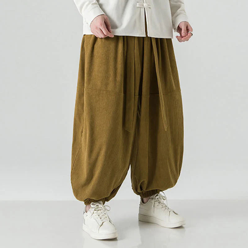 Buddha Stones Winter Solid Color Men's Harem Pure Cotton Corduroy Pants With Pockets