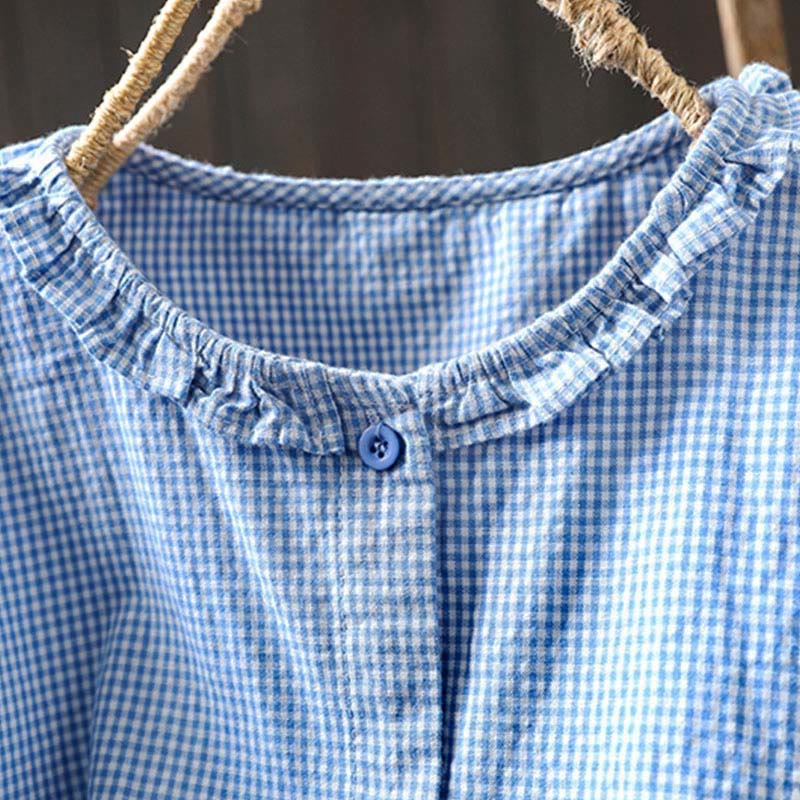 Buddha Stones Spring Small Plaid Buttons Down Long Sleeve Women's Cotton Shirt