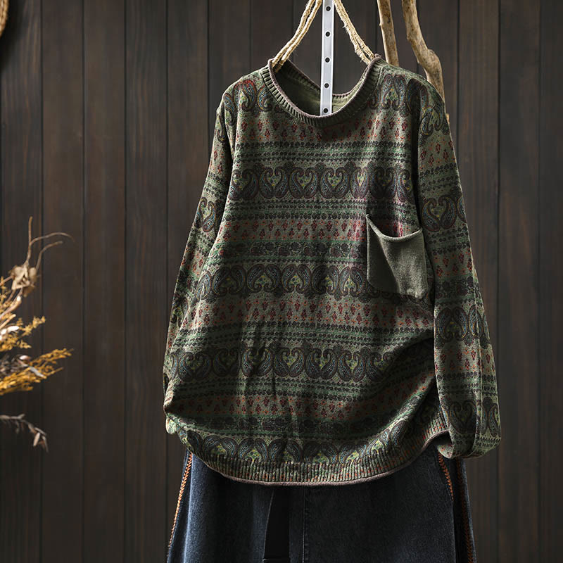 Buddha Stones Fall Plant Floral Pattern Crew Neck Long Sleeve Women's Cotton Sweater With Pocket