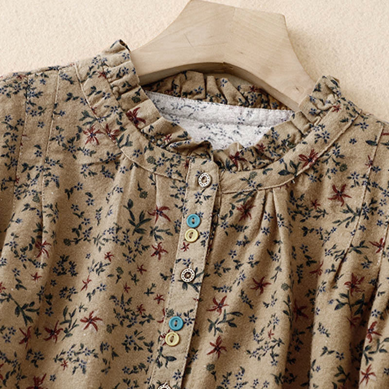 Buddha Stones Fall Floral Print Buttons Down Design Women's Cotton Long Sleeve Shirt