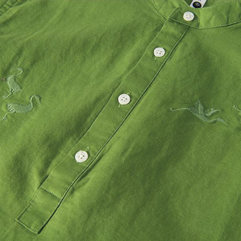 Buddha Stones Soft Embroidery Crane Pattern Stand Collar Cotton Linen Half Button Men's Shirt