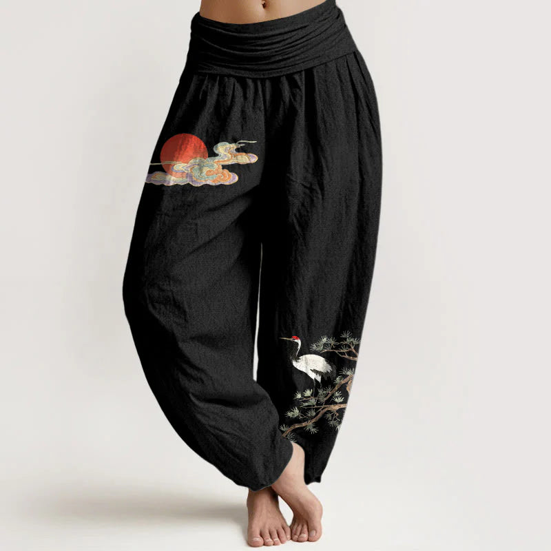 Buddha Stones Pure Cotton Concise Sun Cloud Crane Pine Tree Pattern Women's Elastic Waist Harem Pants