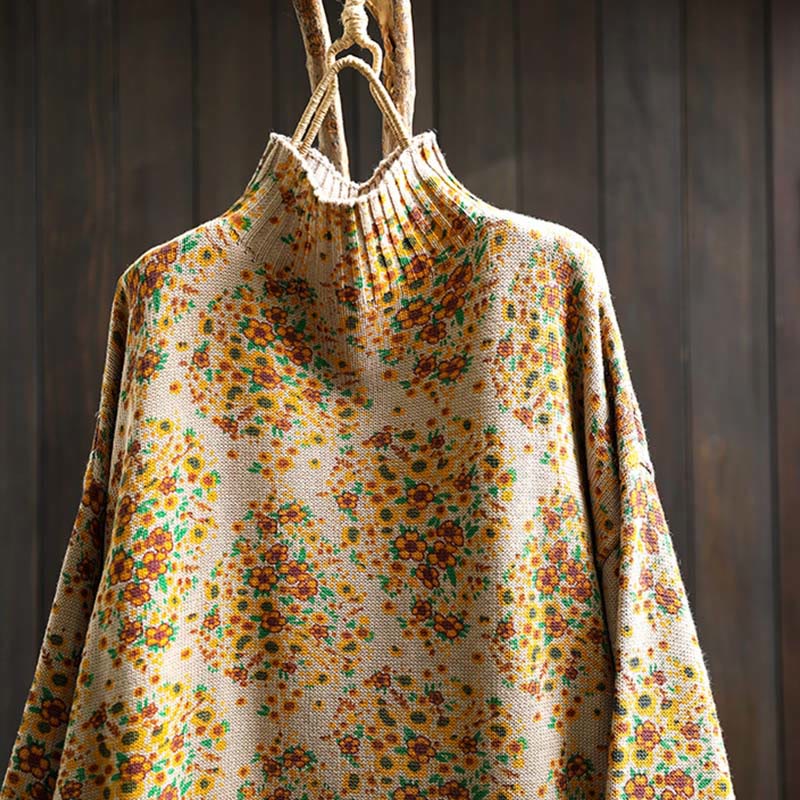 Buddha Stones Women's Knitted Floral Cotton Ribbed Hem Long Sleeve Mock Neck Sweater