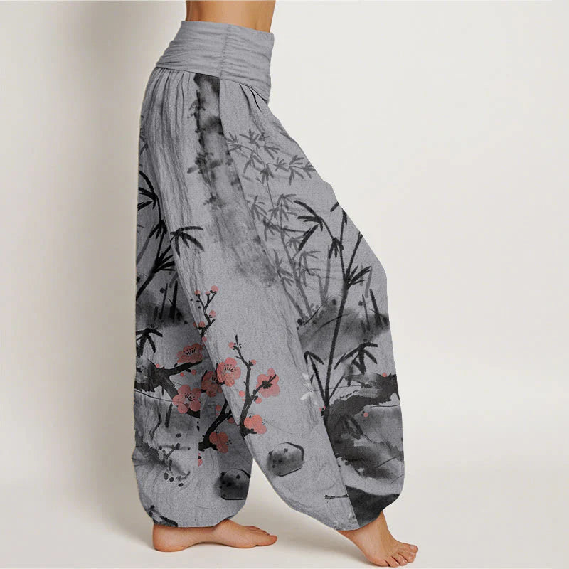 Buddha Stones Pure Cotton Plum Blossoms Bamboo Orchids Chrysanthemums Pattern Women's Elastic Waist Harem Pants