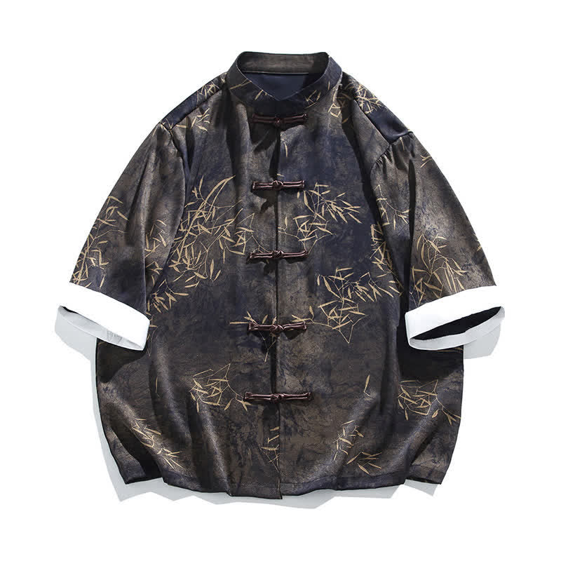 Buddha Stones Summer Bamboo Print Mandarin Collar Frog Buttons Men's Elbow-Length Sleeve Shirt