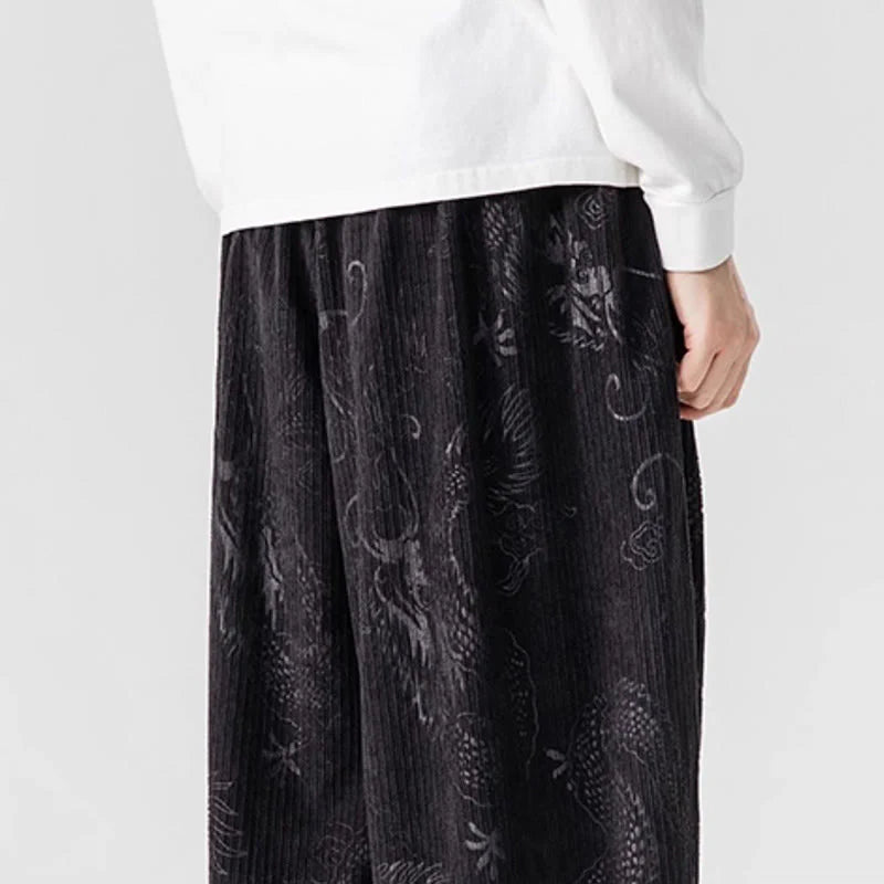 Buddha Stones Winter Dragon Phoenix Pattern Cotton Corduroy Men's Harem Pants With Pockets