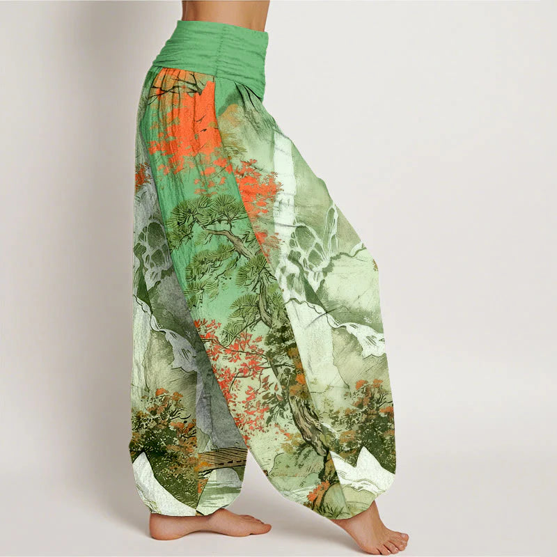 Buddha Stones Pure Cotton Color Coordinated Landscape Tree Pattern Women's Elastic Waist Harem Pants