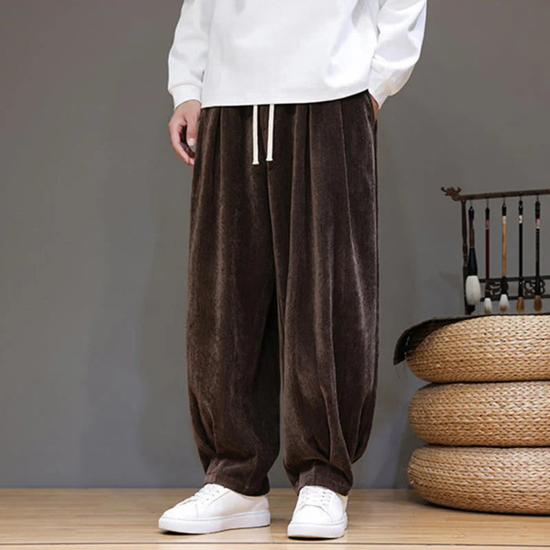 Buddha Stones Winter Pure Color Cotton Men's Harem Thickened Fleece-lined Pants With Pockets