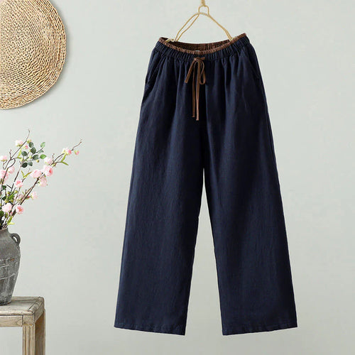 Buddha Stones Winter Contrasting Drawstring Cotton Linen Women's Wide Leg Pants With Pockets