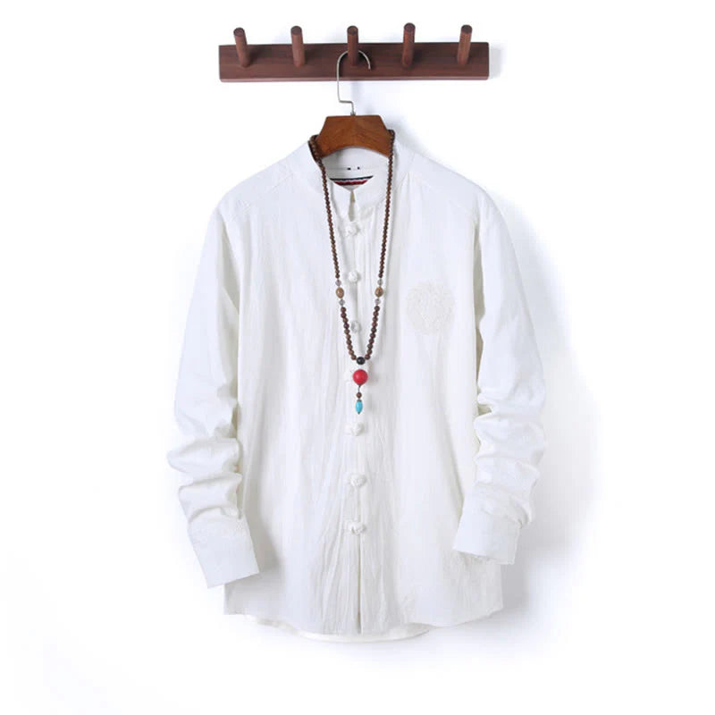 Buddha Stones 2Pcs Solid Color Men's Frog-Button Long Sleeve Cotton Shirt Pants Set With Pockets