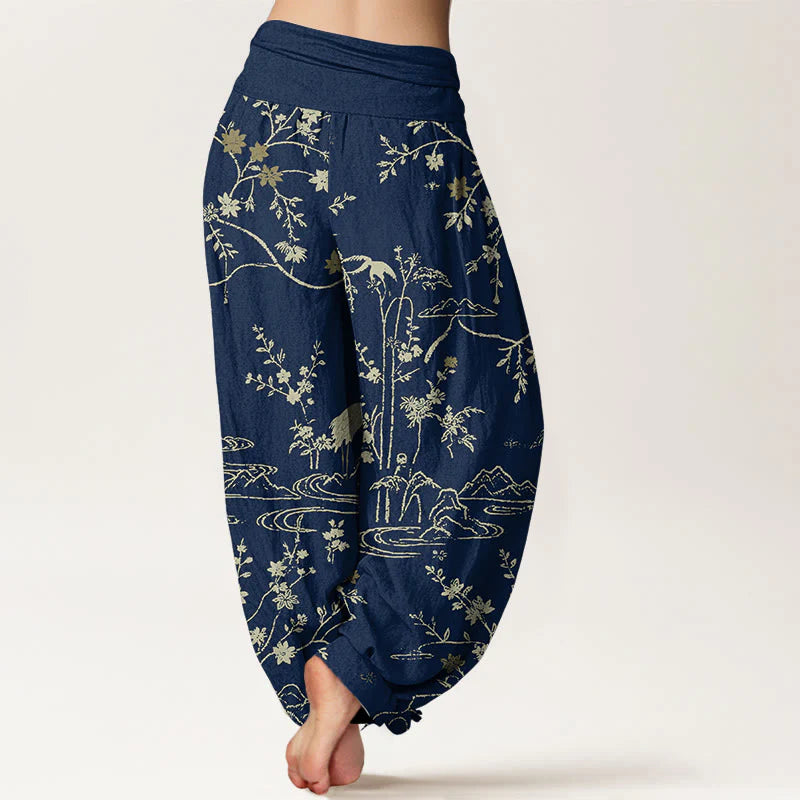 Buddha Stones Crane Floral Tree Branches Pattern Print Women's Elastic Waist Harem Pure Cotton Pants