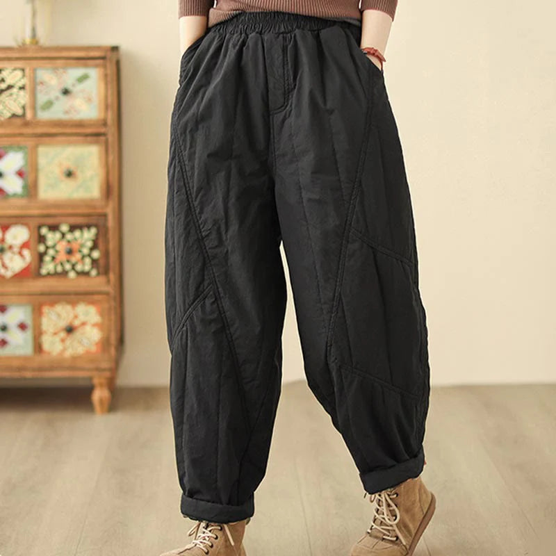 Buddha Stones Winter Plain High Waist Cotton Women's Harem Thermal Elastic Waist Pants With Pockets