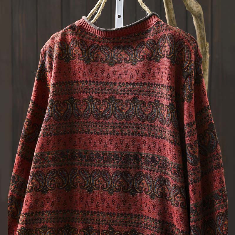 Buddha Stones Fall Plant Floral Pattern Crew Neck Long Sleeve Women's Cotton Sweater With Pocket