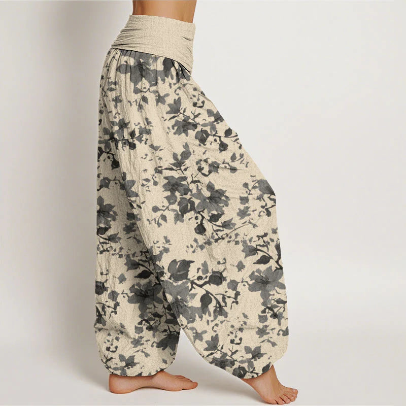 Buddha Stones Cotton Leaves Design Women's Elastic Waist Harem Pants