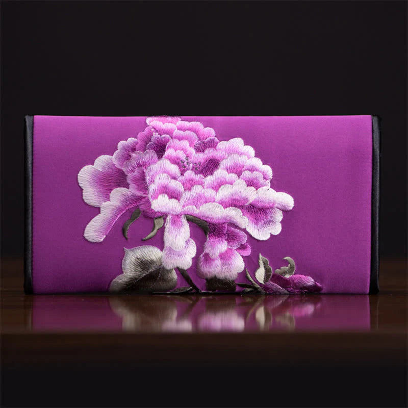 Buddha Stones Peony Flower Su Embroidery Journey Shopping Long Purse Handbag