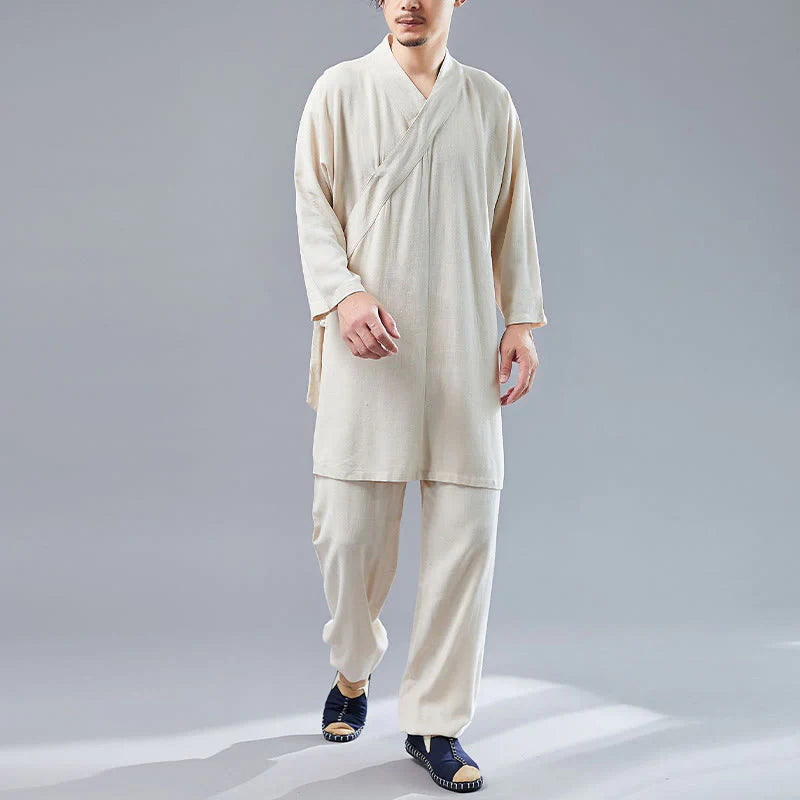 Buddha Stones 2Pcs V-Neck Men's Long Sleeve Shirt Top Pants Meditation Zen Tai Chi Cotton Linen Clothing Set