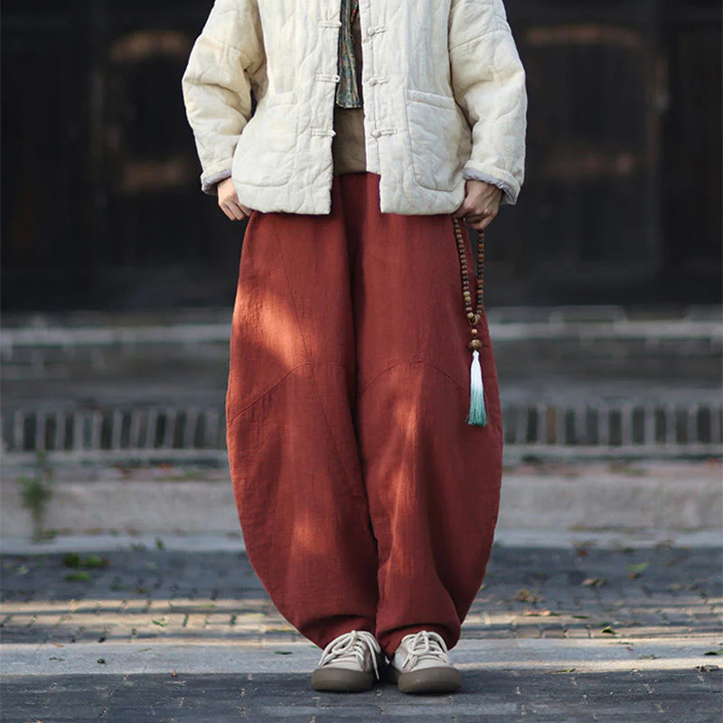 Buddha Stones Winter Elastic Waist Ramie Cotton Thermal Women's Pants With Pockets