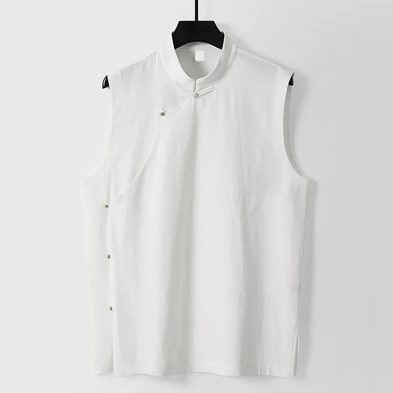 Buddha Stones Summer Solid Color Stand Collar Frog-Button Men's Cotton Linen Sleeveless Vest