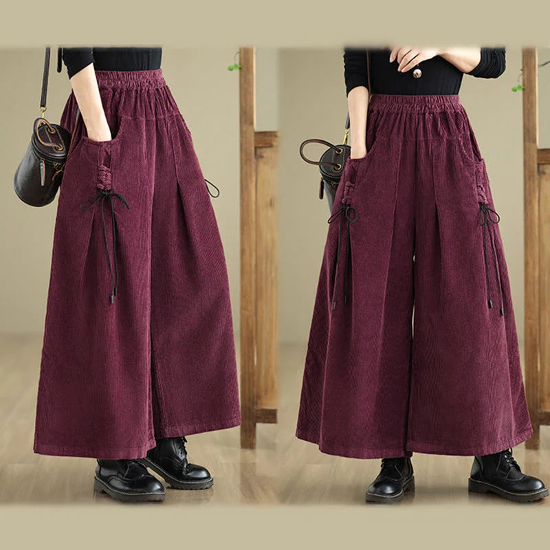 Buddha Stones Women's Pure Color Drawstring Design Wide Leg Corduroy Pants With Pockets