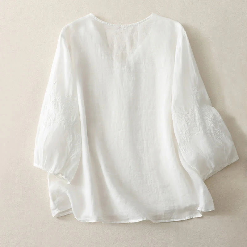 Buddha Stones Embroidery Button-down Women's Cotton Linen Shirt