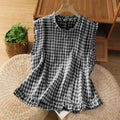 Buddha Stones Summer Plaid Ruffled Crew Neck Back Button Design Women's Sleeveless T-Shirt
