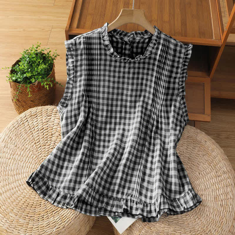 Buddha Stones Summer Plaid Ruffled Crew Neck Back Button Design Women's Sleeveless T-Shirt