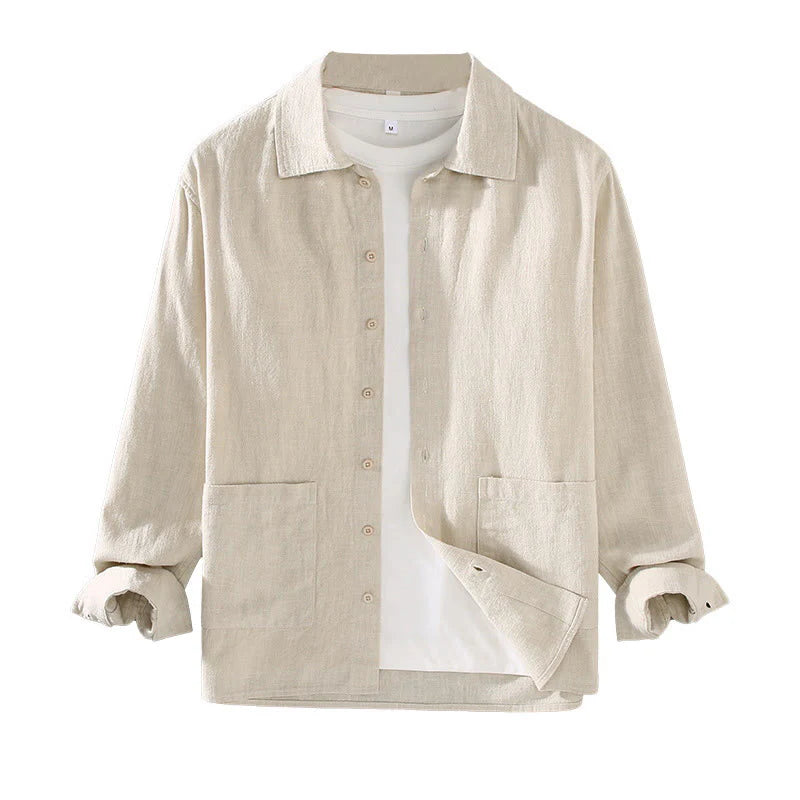 Buddha Stones Solid Color Long Sleeve Buttons Shirt Men Ramie Cotton Clothing With Pockets