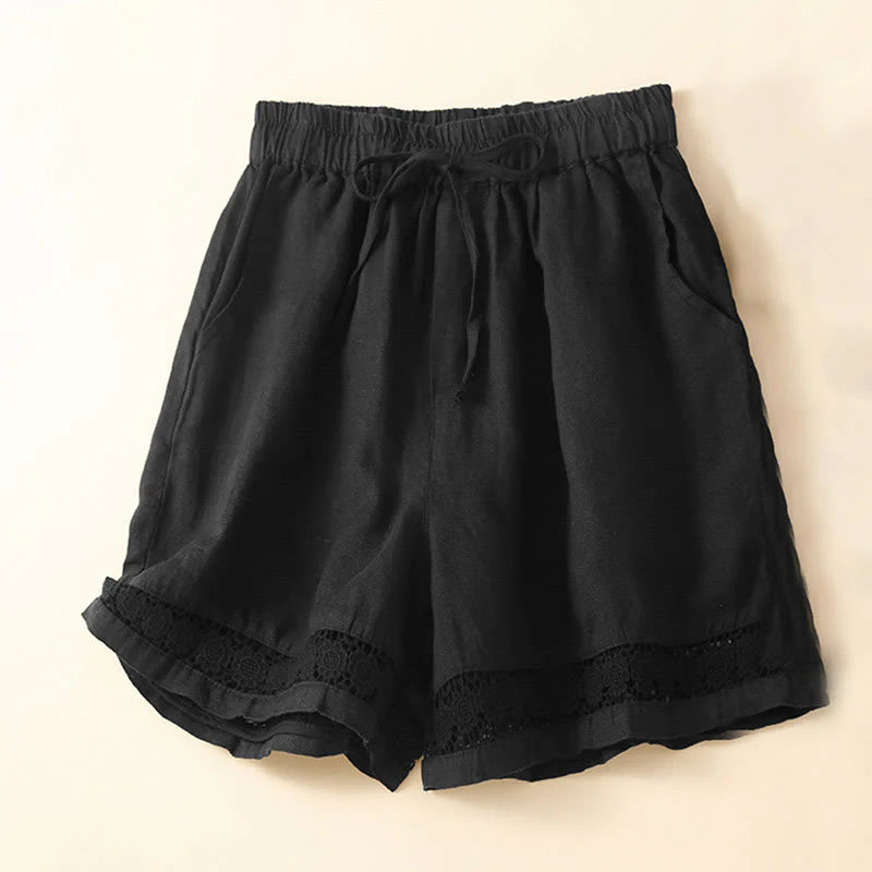 Buddha Stones Plain Color Bottom Hollow Lace Design Lace-up Cotton Women's Shorts With Pockets