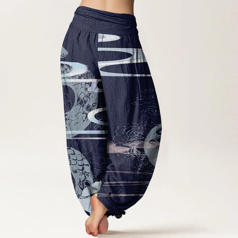 Buddha Stones Cotton Auspicious Clouds With Snake Pattern Women's Elastic Waist Harem Pants
