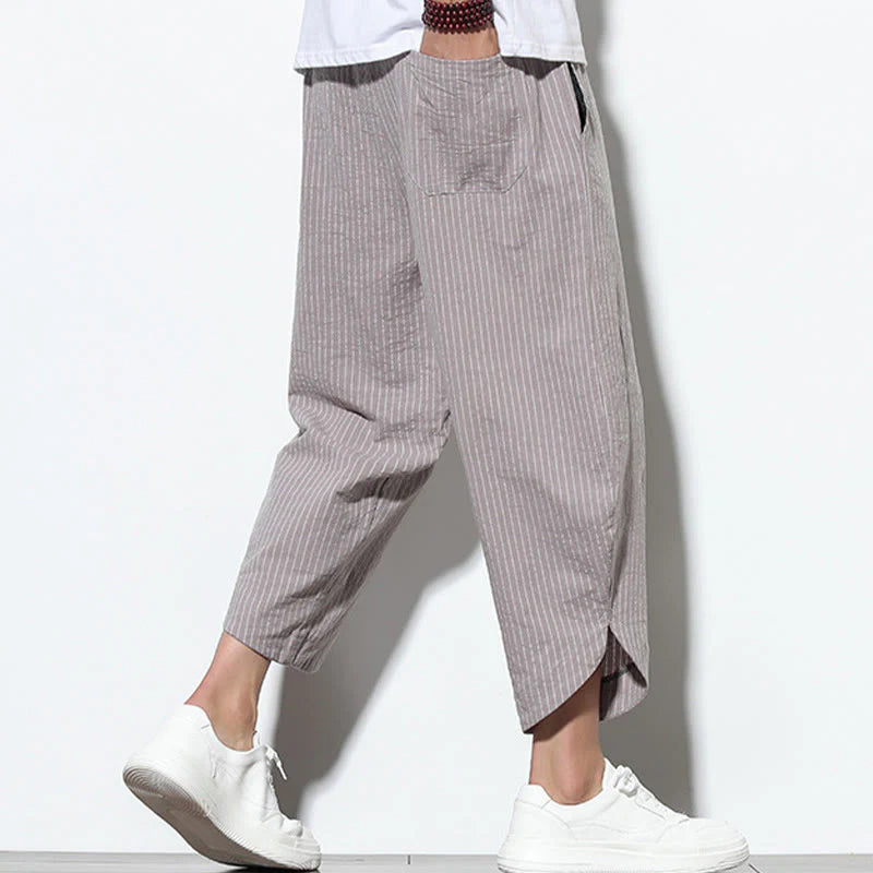 Buddha Stones Summer Stripes Pattern Drawstring Cotton Linen Men's 7-8 Length Harem Pants With Pockets