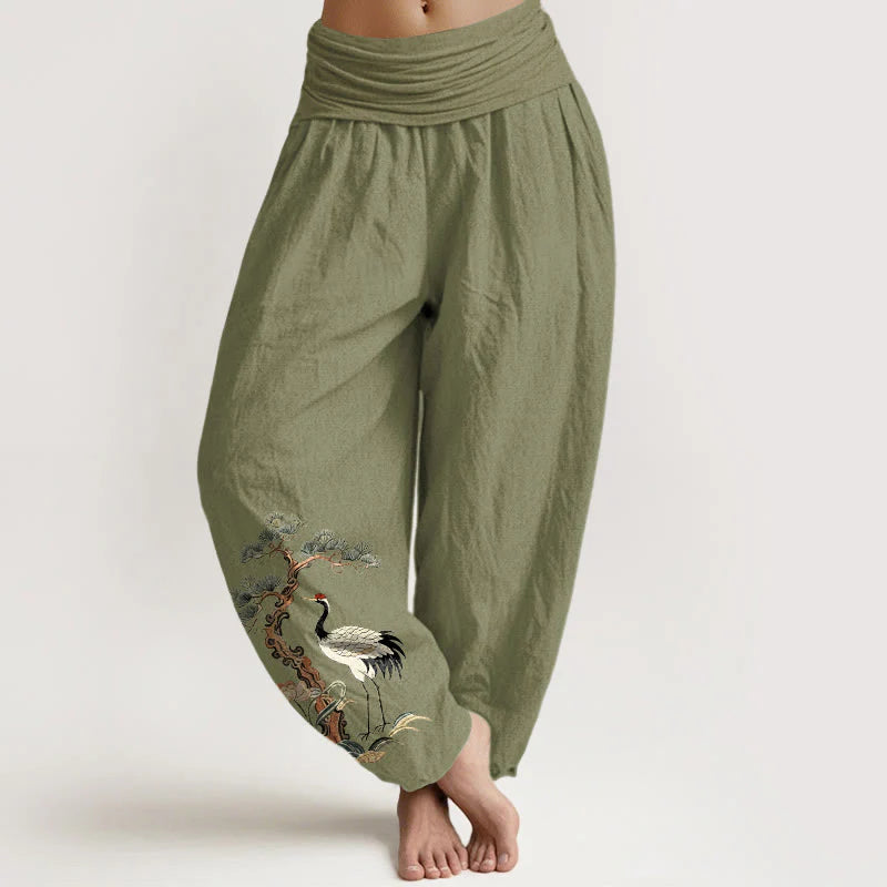 Buddha Stones Pure Cotton Crane Pine Tree Flower Grass Pattern Women's Elastic Waist Harem Pants