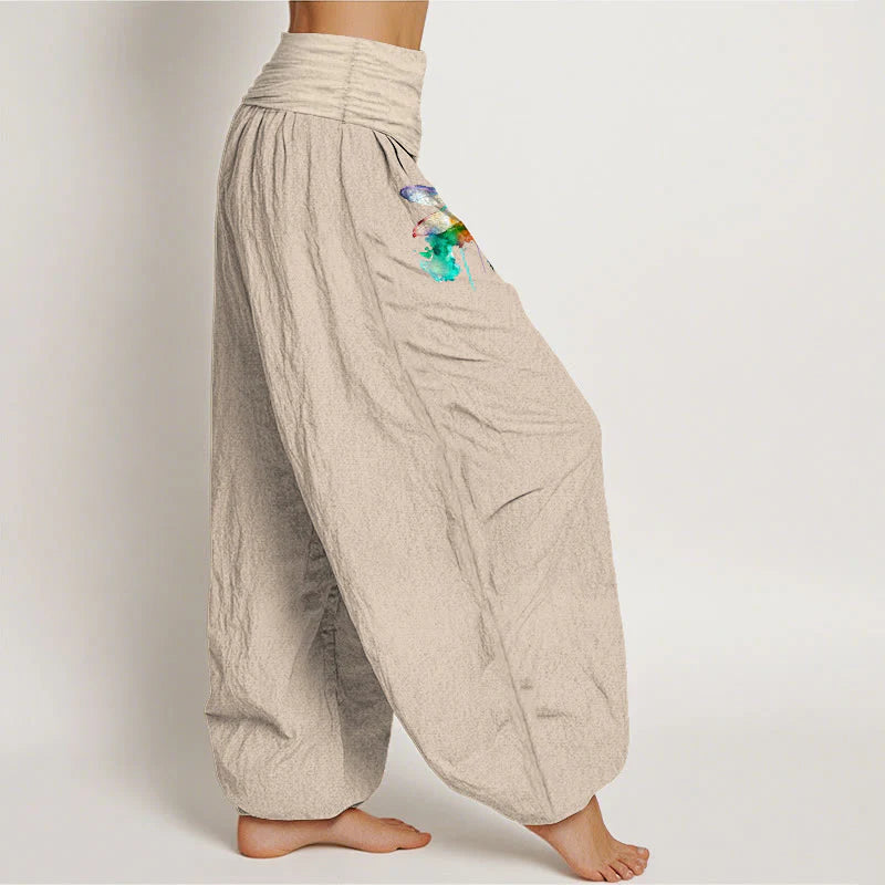 Buddha Stones Pure Cotton Dreamy Dragonfly Pattern Women's Elastic Waist Harem Pants