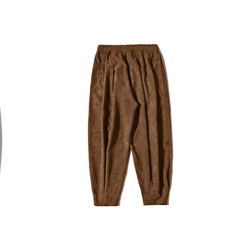 Buddha Stones Retro Men's Plain Fleece-Lined Corduroy Simple Design Harem Pants With Pockets