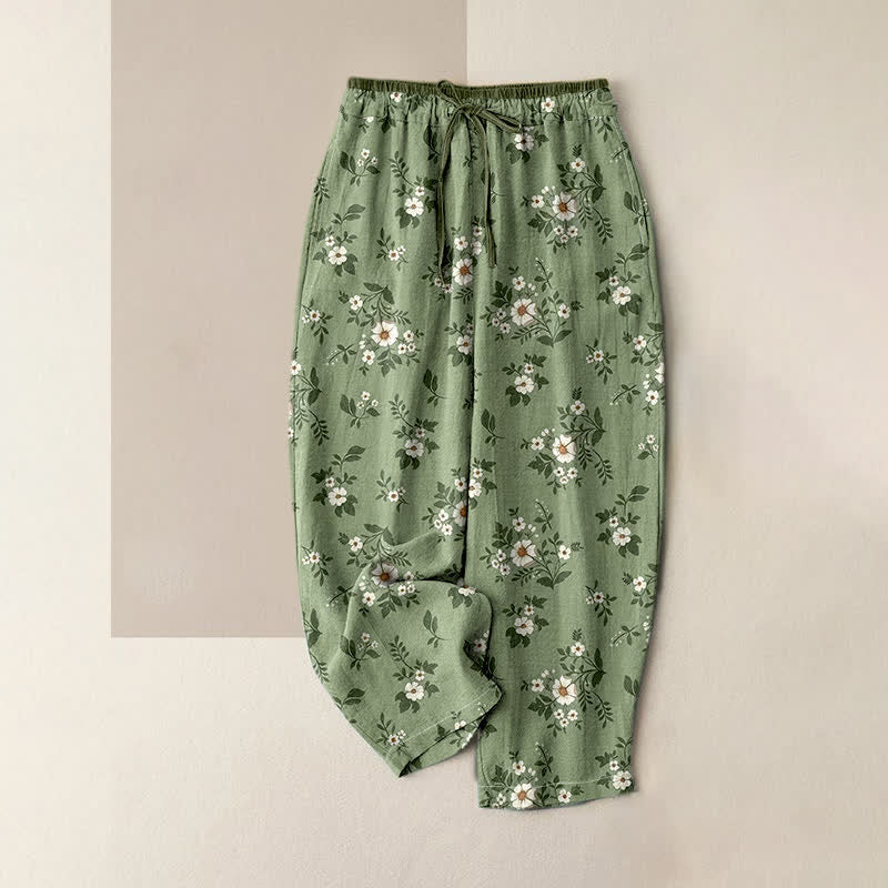 Buddha Stones Pure Cotton Ditsy Floral Elastic Waist Women's Pants With Pockets
